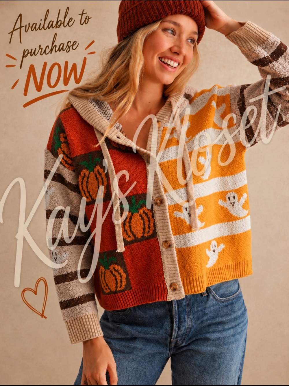 BF13 🎃👻- (LAST 1) Pumpkin Ghost Hooded Button Cardigan Sweater - Beige/Orange